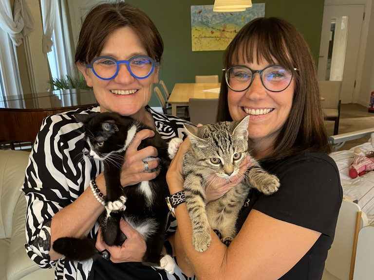 Zwei Frauen halten bei einem Tierbesuch im Diakonie Hospiz Woltersdorf zwei junge Katzen im Arm Zwei Frauen halten bei einem Tierbesuch im Diakonie Hospiz Woltersdorf zwei junge Katzen im Arm